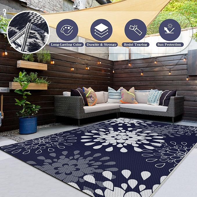 Wallona Outdoor Rugs 5x8 ft Patio Waterproof Clearance Indoor Outdoor Carpet for Patio Plastic Straw Reversible Area Rugs Mat for RV, Camping, Balcony, Beach, Picnic, Porch, Flower Blue & White