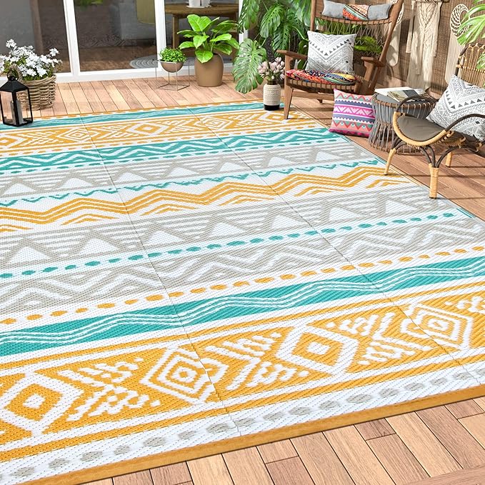 Lahome Outdoor Rugs 8x10 Waterproof, Reversible Outdoor Plastic Straw Rug for Camping Patio, RV Outdoor Rugs Outside, Outdoor Carpet for Porch Deck Backyard Picnic(Blue/Yellow,8'x 10')