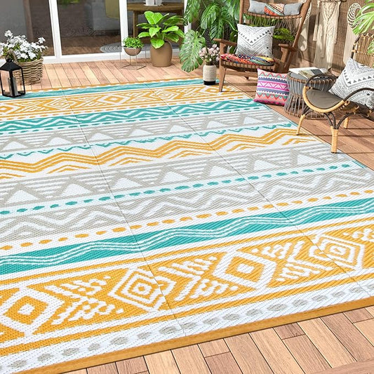 Lahome Outdoor Rugs 8x10 Waterproof, Reversible Outdoor Plastic Straw Rug for Camping Patio, RV Outdoor Rugs Outside, Outdoor Carpet for Porch Deck Backyard Picnic(Blue/Yellow,8'x 10')