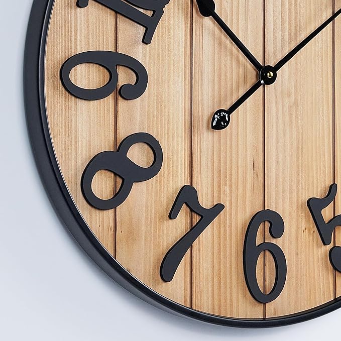 Large Wall Clock 16IN, Silent Metal Wood Style Wall Clocks Battery Operated for Living Room Decor, Farmhouse Big Wall Clock, Outdoor