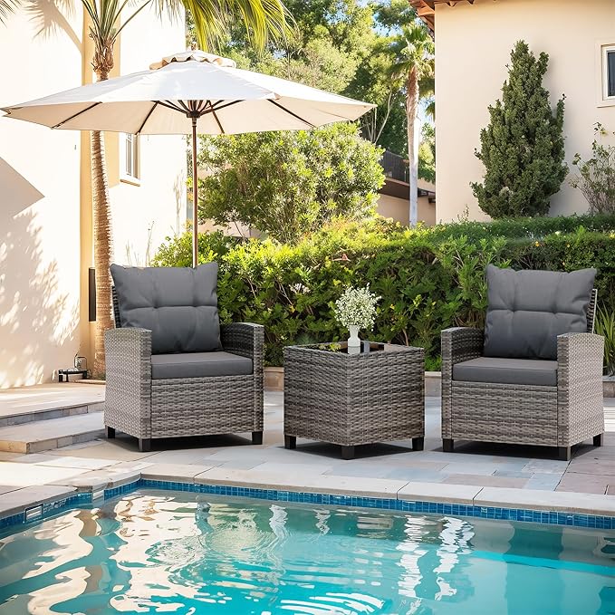 Vongrasig 3 Piece Patio Furniture Set Small Outdoor Wicker Rattan Front Porch Bistro Set Cushioned Patio Chairs Conversation Set with Glass Table for Lawn, Garden, Backyard, Balcony, Poolside (Gray)