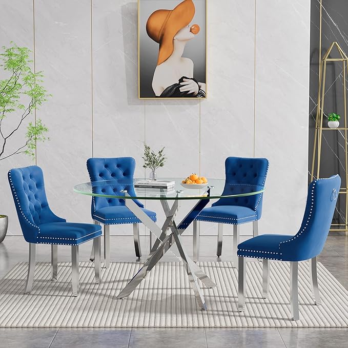 Goujxcy 5 Piece Round Glass Dining Table Set for 4, 47" Round Dining Table & Chair Set Modern Circle Glass Kitchen Table and 4 Velvet Upholstered Chairs for Kitchen Dining (Silver Table & Blue Chair)