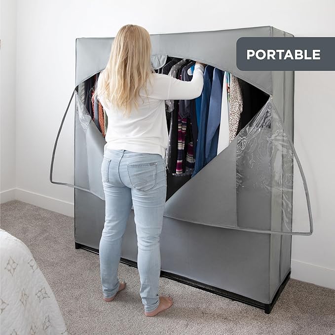 HOLDN’ STORAGE Portable Wardrobe Closet - 65 lb Large Capacity, Internal Heavy Duty Metal Rod, Zipper & Clear Window, Durable Clothes Organizer, Tool-Free Easy Assembly, Dark Gray Canvas Cover