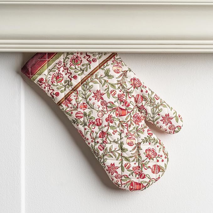 Maison d' Hermine Oven Gloves 100% Cotton Oven Mitt 7" x 13" with Loop Heat Resistant Cooking Gloves for Thanksgiving Christmas Decorations Baking Handling Hot Pans (Pack of 1, Reveillon Au Jardin)