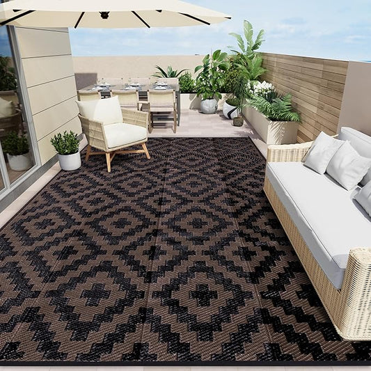 OLANLY Waterproof Outdoor Rug 9x12 ft, Outdoor Plastic Straw Rug for Camping, RV Mat Outside, Outdoor Carpet for Porch, Deck, Backyard, Balcony, Picnic, Black & Brown