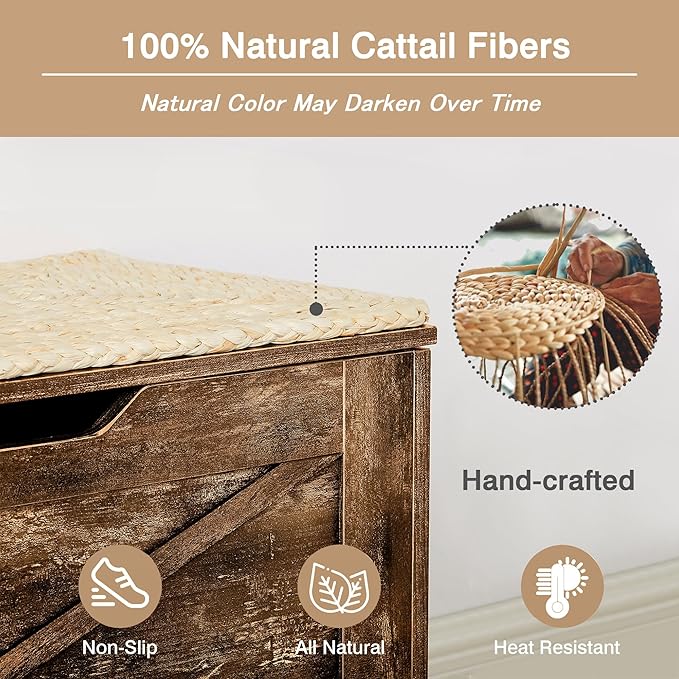 VECELO 30" Farmhouse Style Storage Bench, Entryway Shoe Ottoman, with Handwoven Cushion, with Metal Safety Hinges, for Bedroom, Living Room, Entryway, Brown