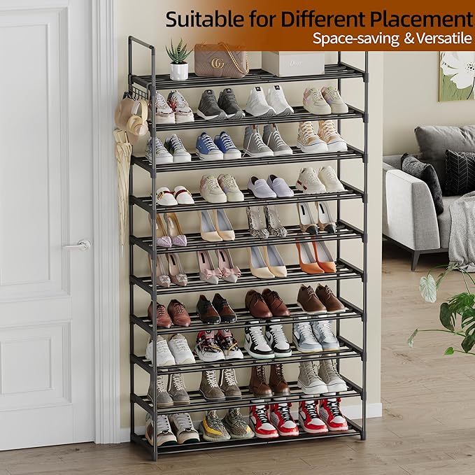 10 Tier Metal Shoe Rack, Tall Shoe Rack for Entryway, Shoe Organizer for Closet, Shoe Storage for Front Door Entrance & Entryway, Large Long Shoe Stand Holder Adjustable Shelf Height
