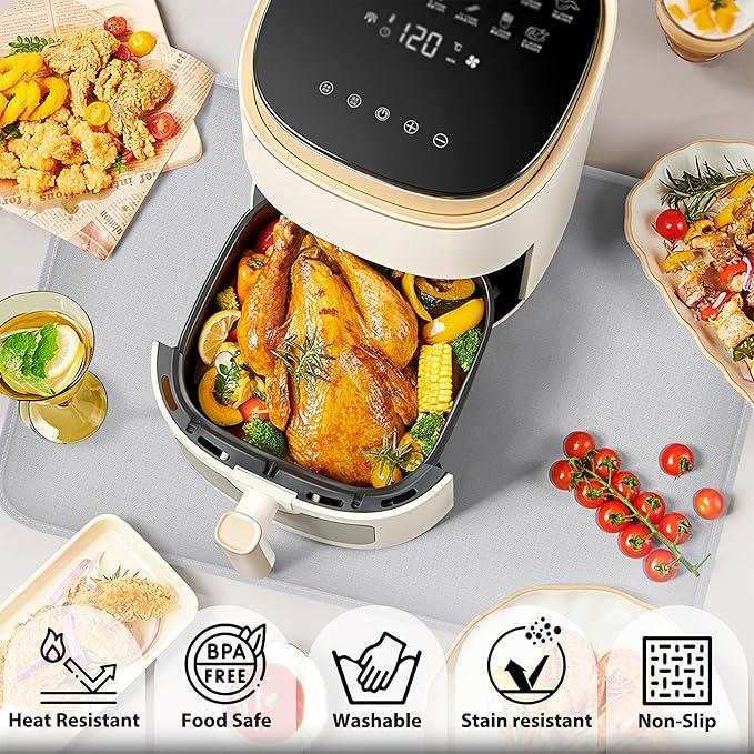 Heat Resistant Mat for Air Fryer Site - 23.6 x 15.7in, Fireproof Silicone Mats for Kitchen Counter, Heat Proof Mat, Non-slip & Waterproof for Deep Fryer, Oven, Coffee machine (Silver)