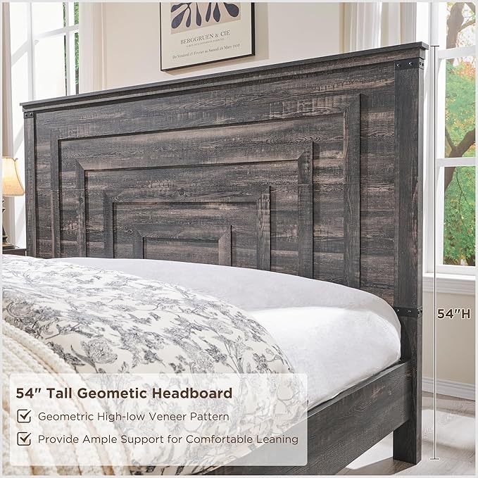 RedLemon Farmhouse King Size Bed Frame w/ 54" Tall Geometric Headboard, Rustic Wood Platform Bed w/ 2 Large Storage Drawers, Wood Slats Support, Noise Free, No Box Spring Needed,Dark Rustic Oak