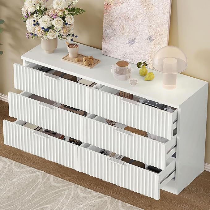 DWVO Fluted 6 Drawer Dressers, 47.5" Wide Modern Chest of Drawers, Wooden Dresser with Metal Handle, Versatile TV Stand Cabinet Table for Bedroom, Closet, Living Room, Hallway, White