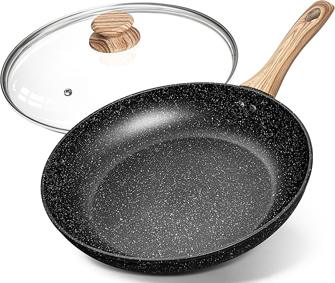 MICHELANGELO Non Stick Frying Pans - 12 Inch Nonstick Frying Pan with Glass Lid, Large Stone Fry Pan with Ergonomic Handle, Induction Compatible, Black
