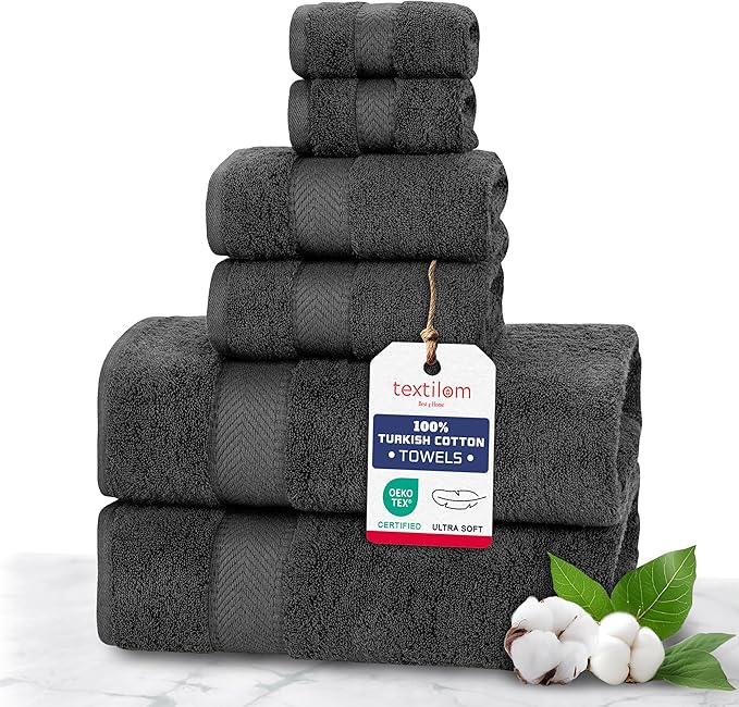 TEXTILOM 100% Turkish Cotton 6 Pcs Bath Towel Set, Luxury Bath Towels for Bathroom, Soft & Absorbent Bathroom Towels Set (2 Bathtowels, 2 Hand Towels, 2 Washcloths)- Black