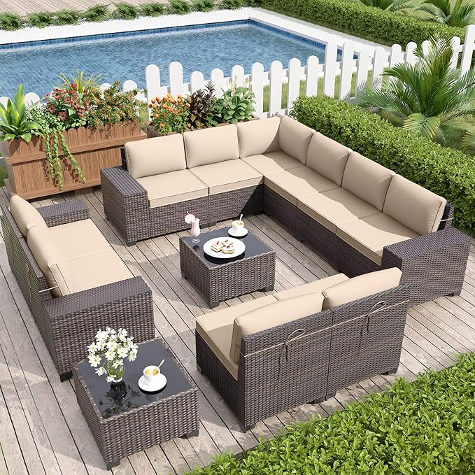 Kurapika 12 Pieces Patio Furniture Set, Rattan Wicker Outdoor Conversation Sets w/4 Inch Cushion and Glass Coffee Table(Sand)