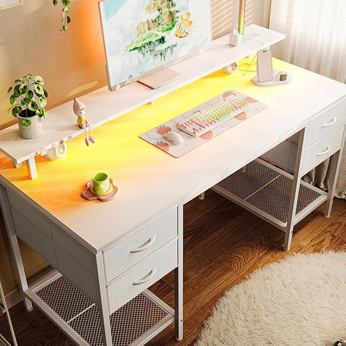 Huuger 55 inch Computer Desk with 4 Drawers, Gaming Desk with LED Lights & Power Outlets, Home Office Desk with Large Storage Space for Bedroom, Work from Home, White