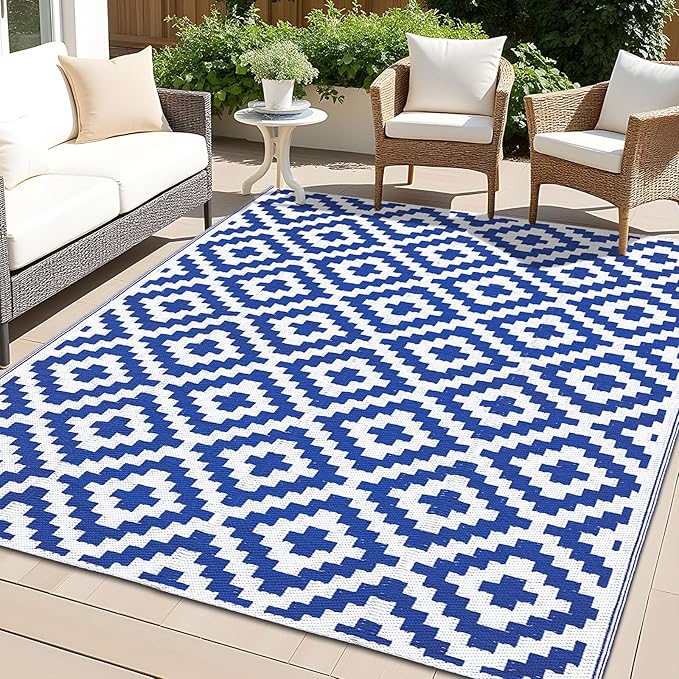 OLANLY Waterproof Outdoor Rug 5x8 ft, Outdoor Plastic Straw Rug for Camping, RV Mat Outside, Outdoor Carpet for Porch, Deck, Backyard, Balcony, Picnic, Blue & White