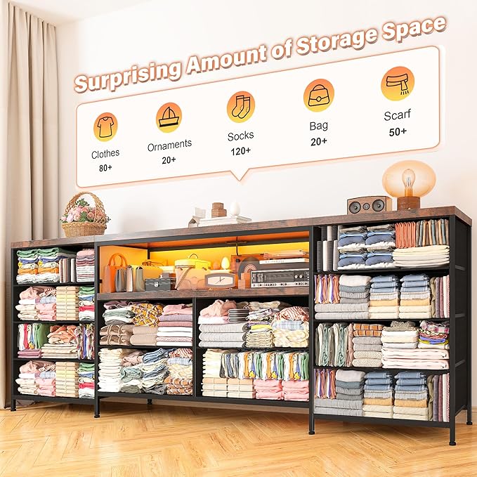 Fits 65,70 inch TV Stand Dresser 63" W TV Console for Bedroom with LED Lights & Power Outlets 12 Long Fabric Dressers for Bedroom, Hallway or Closets Entertainment Center