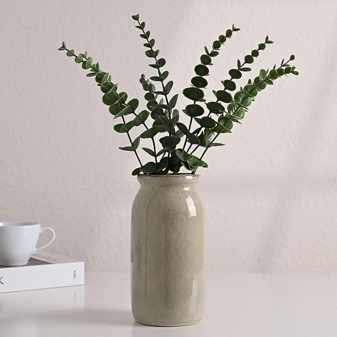 VICTOR & TERESA Rustic Green Vase for Home Decor, Ceramic Vases for Flowers, Modern Farmhouse Decorative Vases for Pampas Grass,Table Accent, Mantel, Living Room,Bookshelf, Centerpieces, 8''