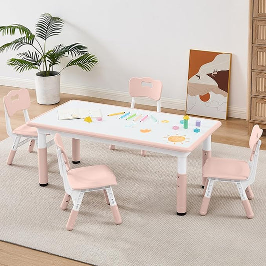 Adjustable Kids Table Chairs Set – Graffiti Desktop, Multi-Activity Height-Adjustable Toddler Study Desk for Ages 3-8 – Ideal for Home, Classroom, Daycare (B-Pink, 4 Chairs-47.2" L x 23.6" W)