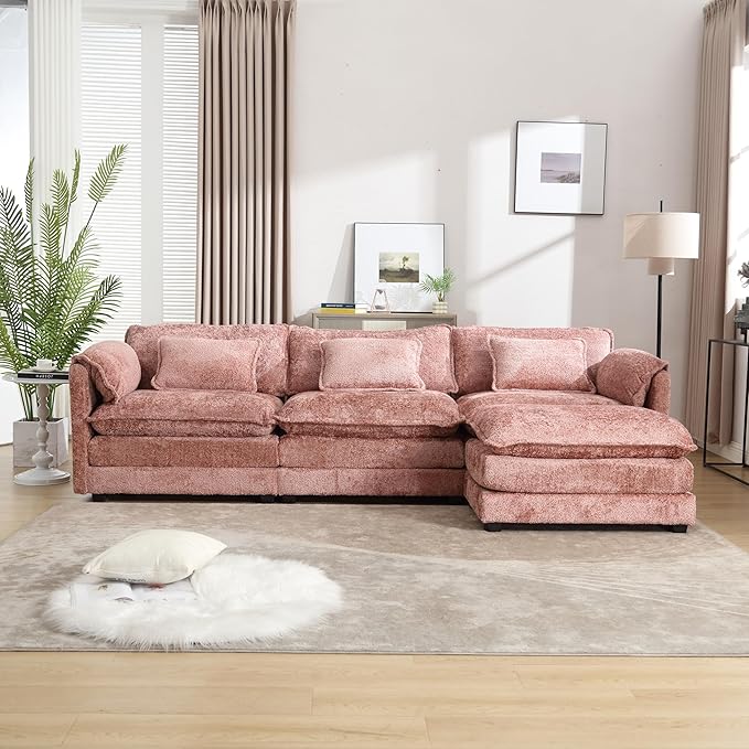 KEIKI 112" L-Shaped Chenille Modular Sectional Chenille Sofa with 1 Movable Ottoman & Memory Foam Cushion, Upholstered Oversized 4-Seater Couch, Easy Assembly, for Apartment, Living Room, Pink