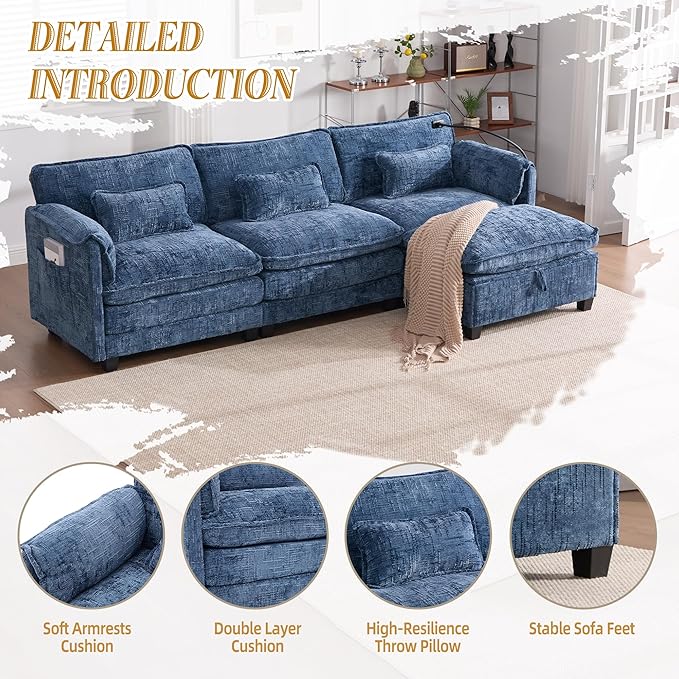 KEIKI 110" L-Shaped Boucle Modular Sectional Chenille Sofa with 1 Ottoman & Memory Foam Cushion & Phone Holder & USB, Upholstered Modern Oversized 4-Seater Couch, Easy Assembly, for Living Room, Navy