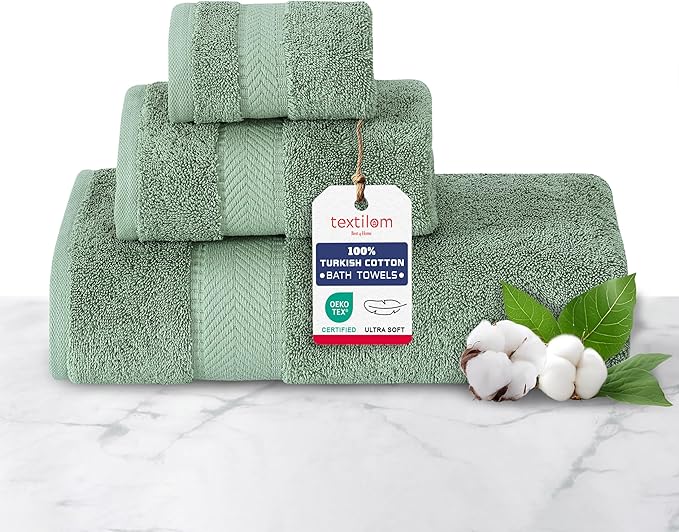 TEXTILOM 100% Turkish Cotton 3 Pcs Bath Towel Set, Luxury Bath Towels for Bathroom, Soft & Absorbent Bathroom Towels Set (1 Bathtowel, 1 Hand Towel, 1 Washcloth)- Green