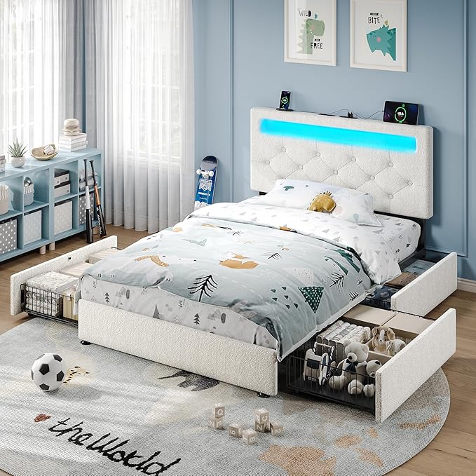 Rolanstar Twin Bed Frame with Charging Station and LED Lights, Upholstered Bed with Adjustable Headboard and 4 Storage Drawers, No Box Spring Needed, Easy Assembly, White