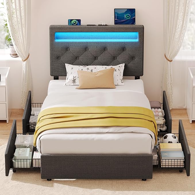 Rolanstar Twin Bed Frame with Charging Station and LED Lights, Upholstered Bed with Adjustable Headboard and 4 Storage Drawers, No Box Spring Needed, Easy Assembly, Dark Gray