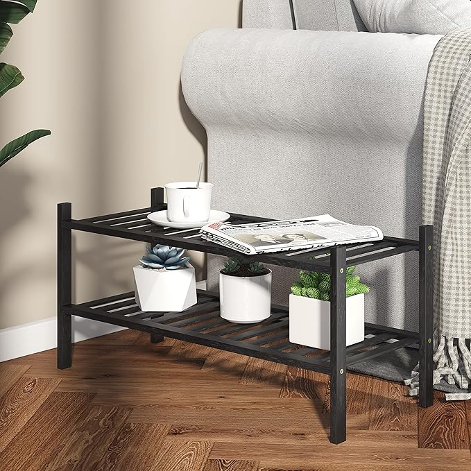 Shoe Rack, 2-Tier Bamboo Stackable Shoe Shelf Storage Organizer, Shoe Stand for Closet, Entryway and Hallway