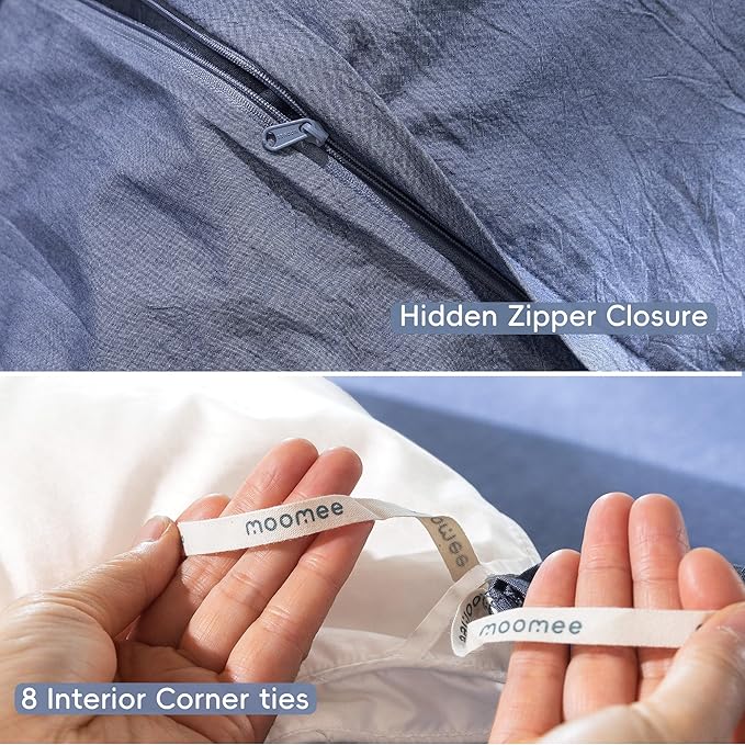MooMee Bedding Duvet Cover Set 100% Washed Cotton Linen Like Textured Breathable Durable Soft Comfy (Heathered Blue, Twin 68"x90")