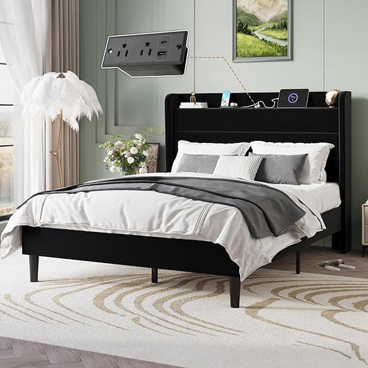 SHA CERLIN Queen Bed Frame with Charging Station, Velvet Upholstered Platform Bed, Wingback Storage Headboard, Type-C & USB Ports, Strong Wooden Slats, No Box Spring Needed, Easy Assembly, Black