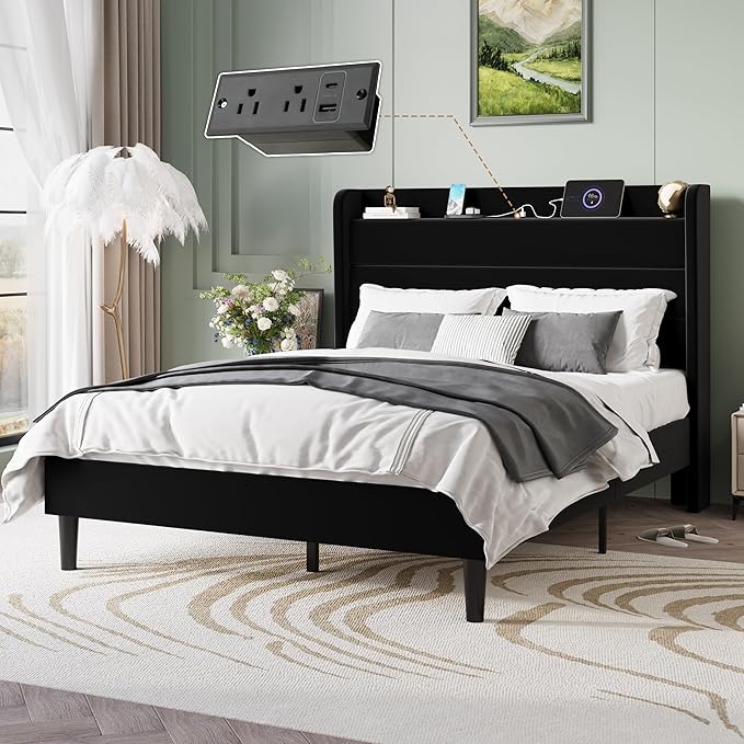 SHA CERLIN Full Size Bed Frame with Charging Station, Velvet Upholstered Platform Bed, Wingback Storage Headboard, Type-C & USB Ports, Strong Wooden Slats, No Box Spring Needed, Easy Assembly, Black