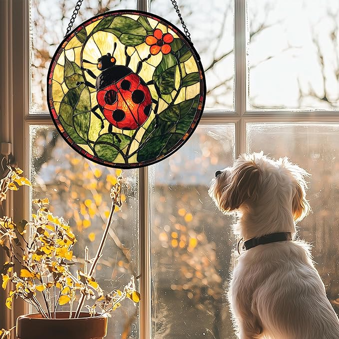 Stained Glass Window Hanging - Red Ladybug Green Plant Flower Sun Catcher for Door Home Decor Insect Suncatcher Christmas Mother's Day Birthday Gifts for Women Men Mom Nana 7.8 in