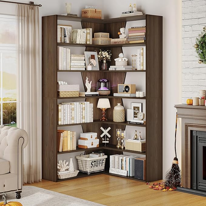 6-Tier Corner Bookshelf, Modern Bookshelf and Bookcase, Tall Bookcase Open Display Storage, L Shaped Corner Shelf for Library, Living Room, Home Office, Rustic Brown