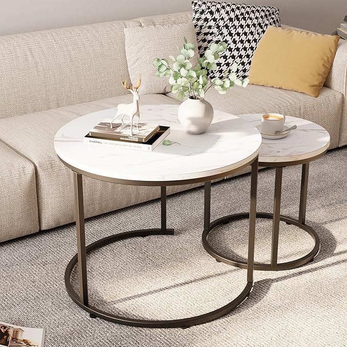 aboxoo Round Nesting Coffee Table Side Table Set of 2 End Tables for Living Room Bedroom Balcony, White Faux Marble Wooden Table Accent Coffee Table with Black Steel Frame