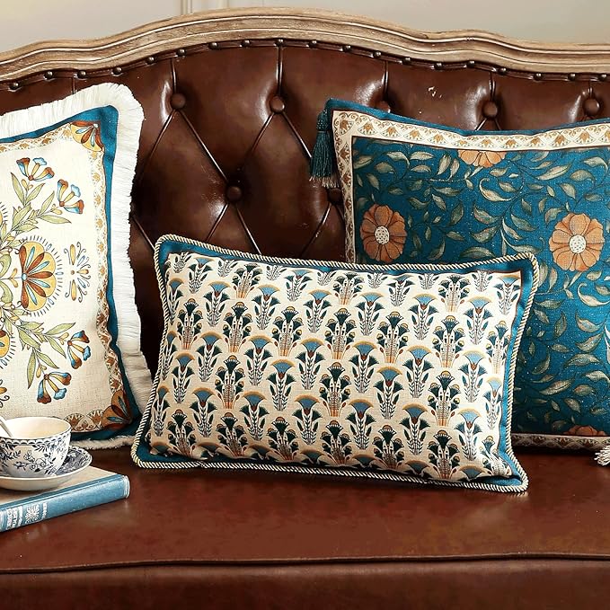 patdrea Designer Rectangle Throw Pillow Covers Set of 2,Rustic Vintage Blue Linen with Floral Pattern Pillow Cover,Decorative Lumbar Pillowcases Cushion for Bed Living Room Outdoor Car,12"x20"