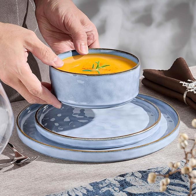 Herogo Dinnerware Sets for 8, 24 Pieces Ceramic Dishware for Kitchen Dinning, Stoneware Plates and Bowls Sets, Dishwasher & Microwave Safe, Haze Blue