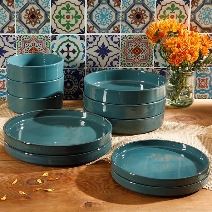 Bloomhouse Santorini Mist Double Bowl Terracotta Reactive Glaze Plates and Bowls Dinnerware Set - Jade Blue Green, Service for Four (16pcs)