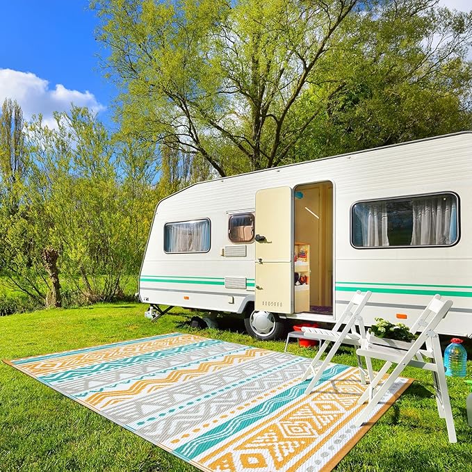 Lahome Waterproof Outdoor Rug 6x9, Reversible Outdoor Plastic Straw Rug for Camping, Large RV Outdoor Patio Rug, Outdoor Rugs Carpet for Porch Deck Backyard Balcony Picnic(Blue/Yellow,6'x 9')