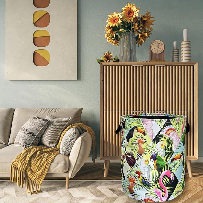 Funny Tropical Birds Laundry Basket Foldable With Handles Tote Bag Oxford Cloth Palm Leaves Laundry Hamper 18.9" x1 6.5" Clothes Storage Bucket Toy Organizer For Bathroom/Laundry/Bedroom