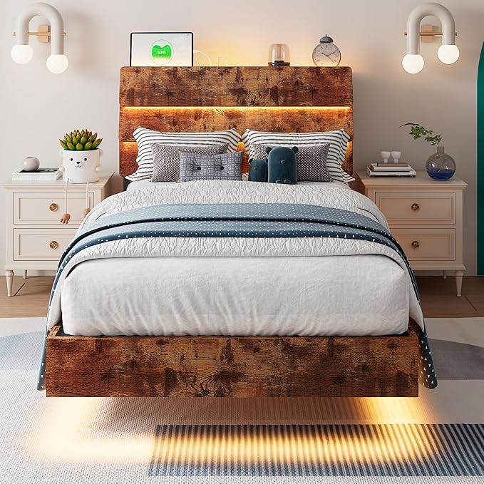 Floating Bed Frame Twin Size with Led Headboard and Charging Station, Metal Platform Bed Base with Storage, Remote Control, Heavy Slats Support, No Box Spring Needed, Noise Free, Vintage Brown