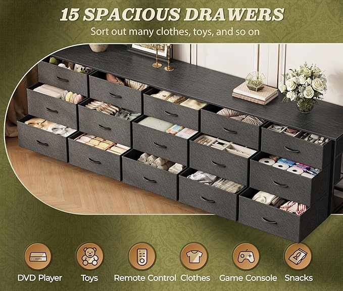 Huuger 78.7 inch Long Dresser for Bedroom, 15 Drawer Fabric Dresser for Closet, Large TV Stand for 65, 75, 85 inch TV, Wide Chest of Drawer with Storage, 78.7" W x 12.9" D x 26.7" H, Black