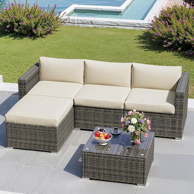 Outdoor Patio Furniture Set, Rattan Outdoor Sectional Furniture, Patio Conversation Sets for Balcony, Porch, Backyard, Deck, Garden, Dark Grey