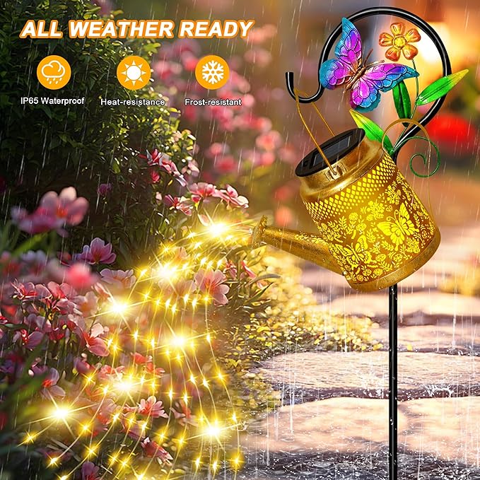 Butterfly Solar Watering Can Lights, Outdoor Waterproof Garden Lanterns with Shepherd Hook, Solar Garden Decor for Yard Outdoor Landscape Pathway Porch Patio, Gift for Women Mom Grandma, 2 Pack