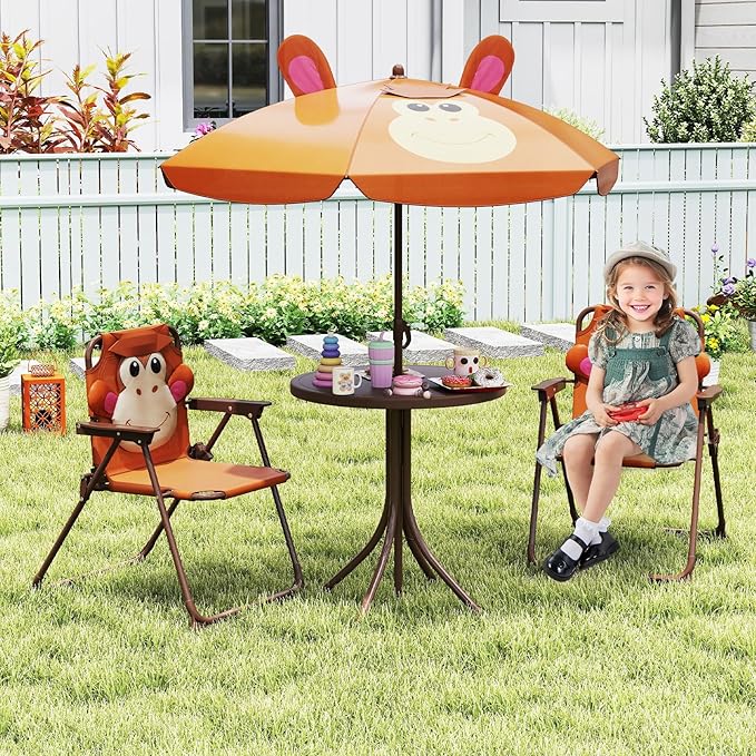 Costzon Kids Picnic Table, Kids Outdoor Table with 2 Folding Chairs, Height Adjustable Umbrella, Portable Children Outdoor Furniture for Patio, Garden, Backyard (Brown)