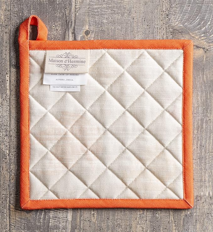 Maison d' Hermine Pot Holders Set 100% Cotton Heat Resistant Potholders 8" x 8" Hot Pads with Loop for Thanksgiving Christmas Decorations BBQ Baking Handling Hot Pans (Pack of 2, Colours of Autumn)