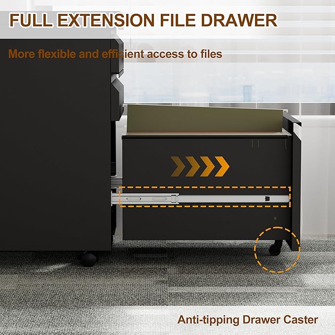 Metal Mobile File Cabinet with Lock and 4 Keys - Fully Assembled, Under Office Desk 3 Drawers Filing Cabinet for Home Office with Anti-tilt Wheels, A4/Legal/Letter Hanging File Drawers