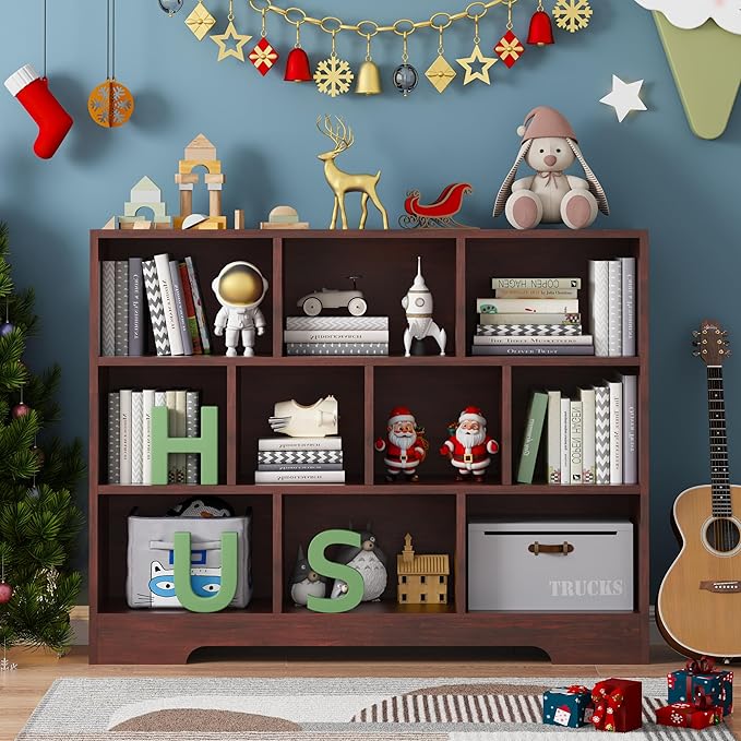 Book Shelf for Kids, 10 Cubes Storage Organizer Montessori Bookshelf, 3-Tier Wooden Kids Bookcase, Toy Storage Organizer for Children, Cherry Toddler Bookshelf Cube Shelf for Kid’s Room, Classroom