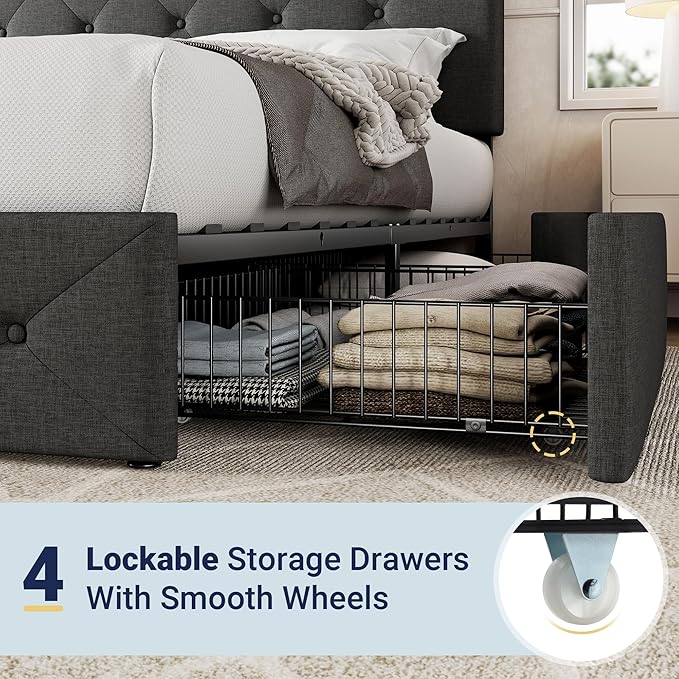 Allewie Upholstered Queen Size Platform Bed Frame with 4 Storage Drawers and Headboard, Diamond Stitched Button Tufted, Mattress Foundation with Wooden Slats Support, No Box Spring Needed, Dark Grey