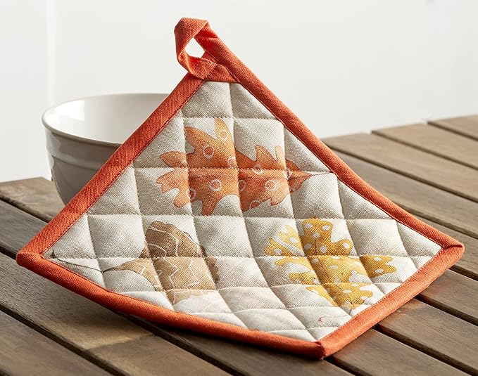 Maison d' Hermine 100% Cotton Oven Mitt & Pot Holder Set (7.5"x13" & 8"x8") Heat Resistant BBQ Cooking Gloves with Loop for Thanksgiving Christmas Decorations Handling Hot Pans (Colours of Autumn)