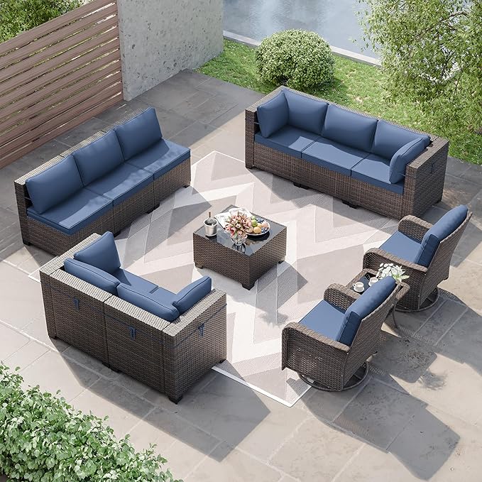 Kurapika 12 Pieces Patio Furniture Set, Rattan Wicker Sofa Set, Outdoor Conversation Sets w/Swivel Rocking Chairs Patio Sectional Sofa w/4 Inch Cushion, Navy Blue